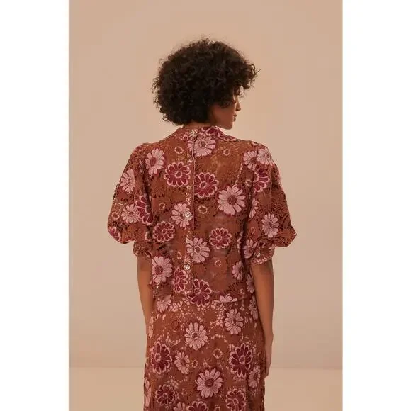 Farm Rio Gigi Tapestry Puff sleeve Guipure brown blouse size XL